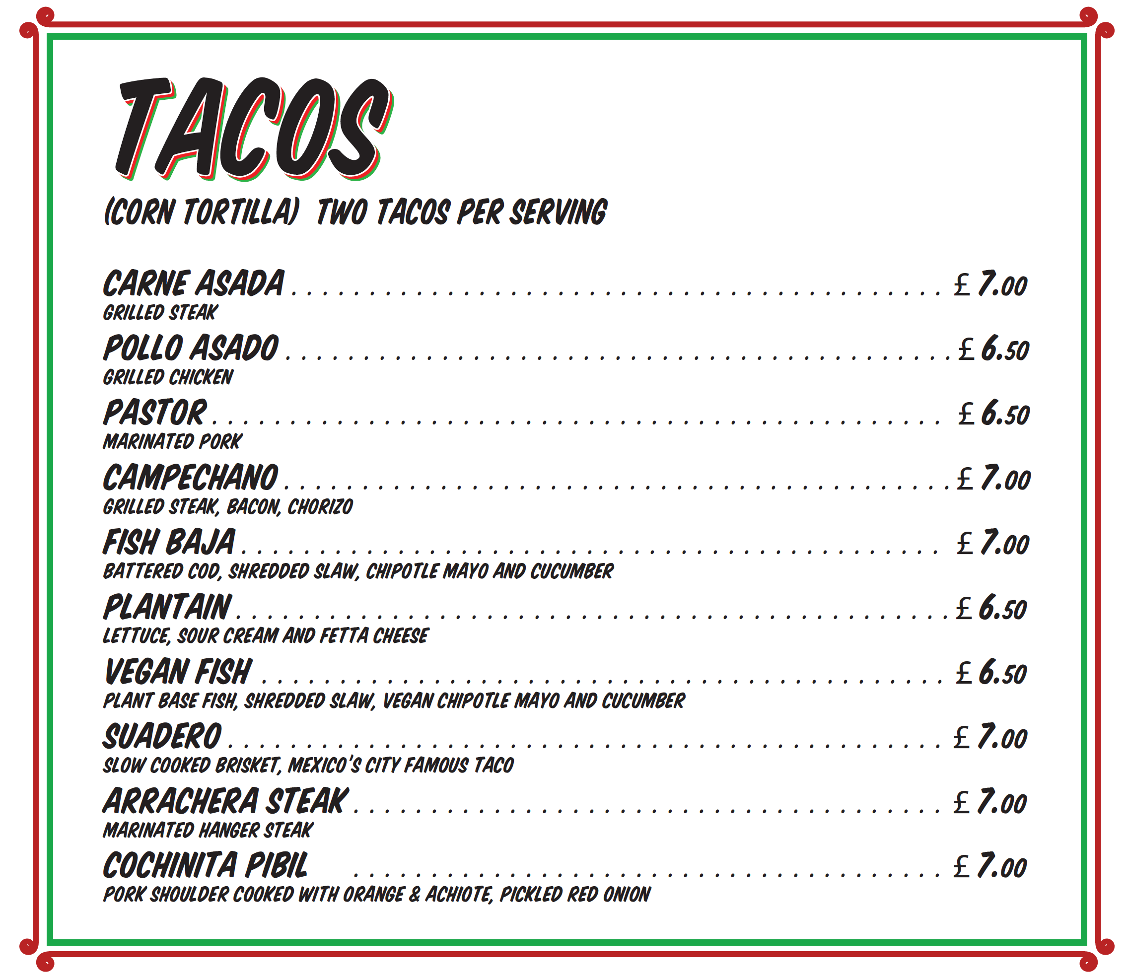 Taco diner store menu